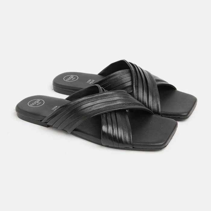 Ciabattina in vera pelle con fasce incrocio - NERO