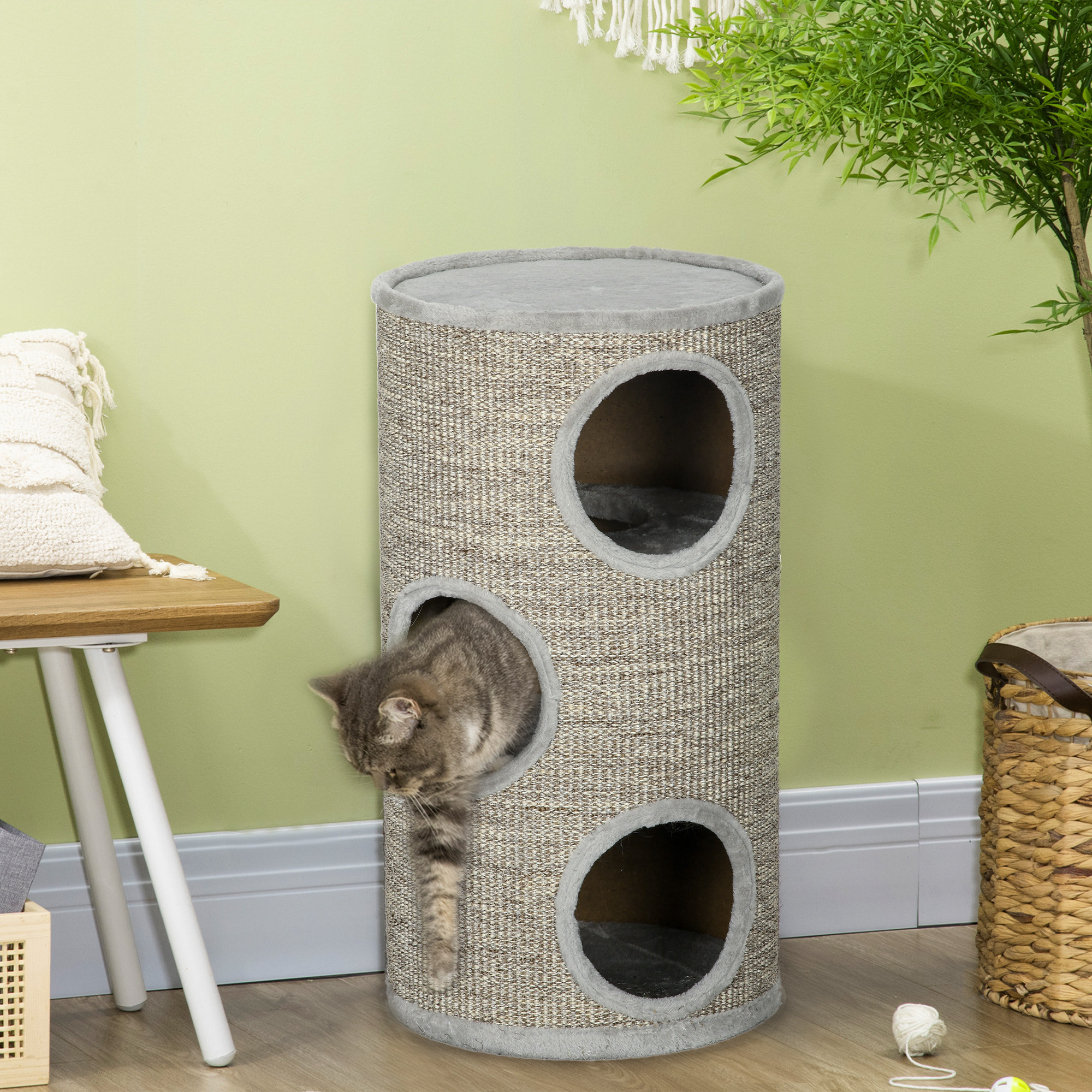 Arbre à chat cylindrique - tour à griffer pour chat - tonneau griffoir - 3 niveaux + plateforme - sisal peluche gris clair