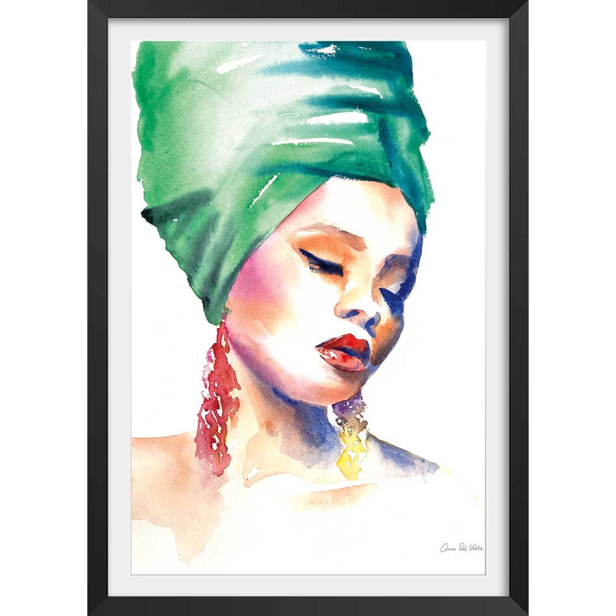 Affiche mode Portrait turban vert Affiche + cadre en bois - Noir