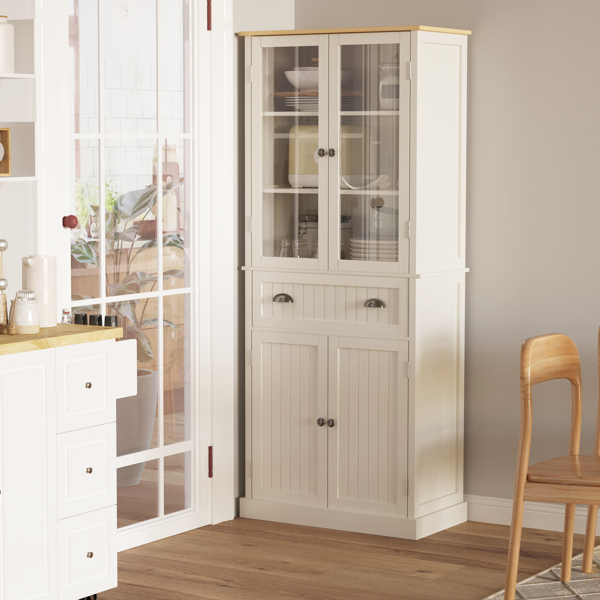 Armoire de cuisine buffet haut 4 portes grand tiroir coulissant dim. 76L x 40l x 182H cm panneaux crème verre