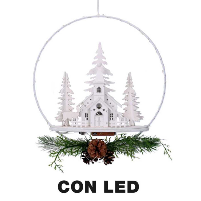 Ghirlanda metallo con led con chiesa biancocm25x7x47,5