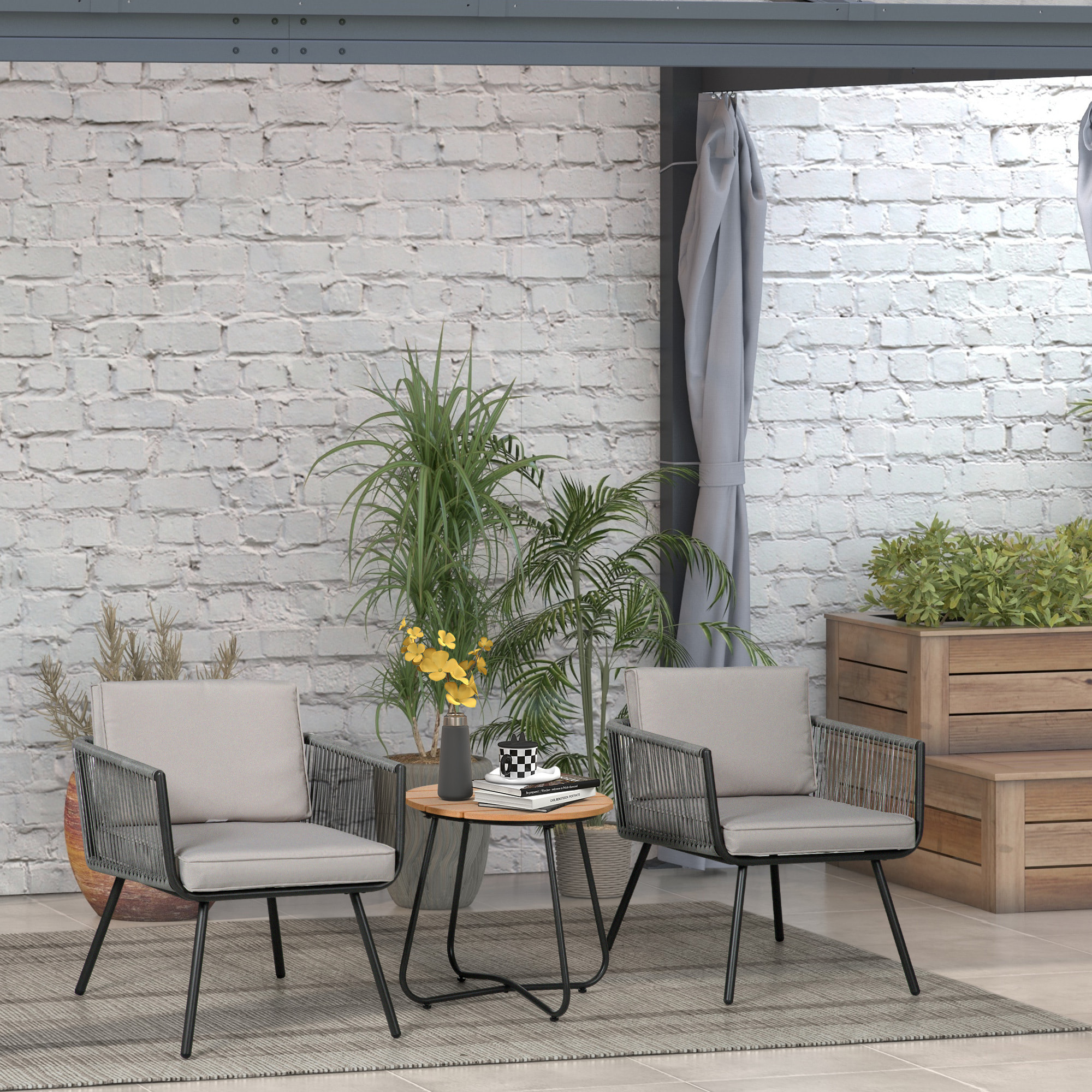 Conjunto de Muebles de Jardín de Ratán Sintético 3 Piezas Conjunto de Mesa y 2 Sillas de Ratán con Cojines Acolchados Extraíbles para Balcón Terraza Patio Gris
