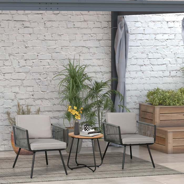 Conjunto de Muebles de Jardín de Ratán Sintético 3 Piezas Conjunto de Mesa y 2 Sillas de Ratán con Cojines Acolchados Extraíbles para Balcón Terraza Patio Gris