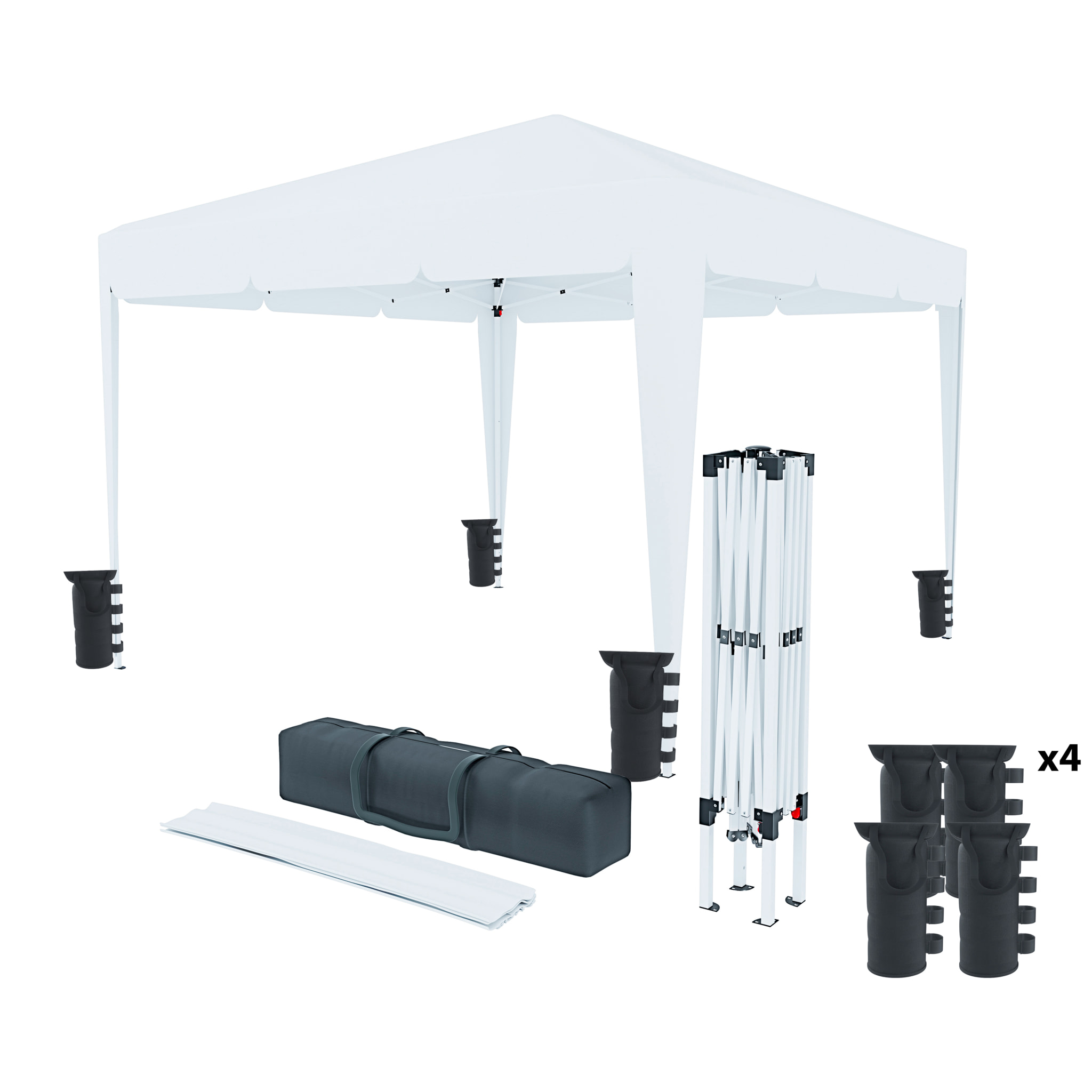 Gazebo Pieghevole Impermeabile 3 x 3 M Da Giardino Con 4 Sacche Pesi Sacca Trasporto Chiusura Fisarmonica Struttura Acciaio Copertura 160 gr/m² Bianco