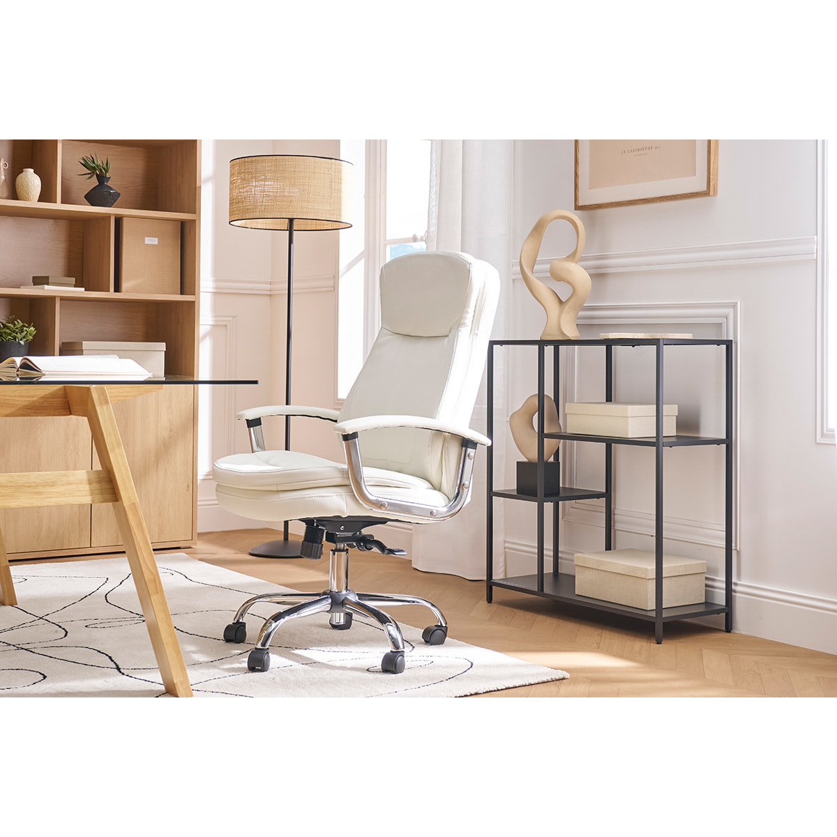 Fauteuil de bureau à roulettes design blanc et acier chromé WALL STREET