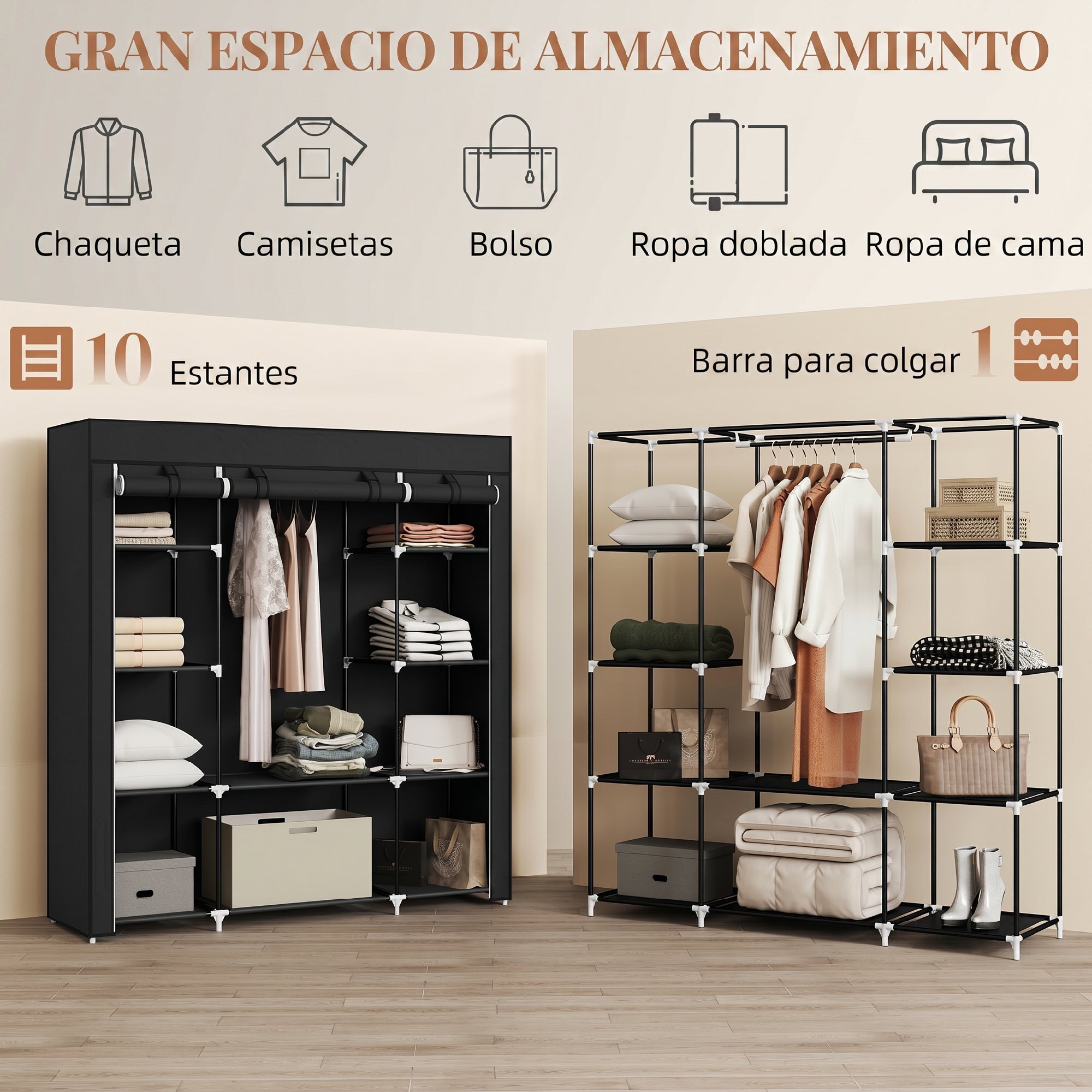 HOMCOM Armario de Tela, Armario Ropero con Barra para Colgar, 10 Estantes Abiertos, Cremallera, Cubierta y Marco Acero, Fácil Montaje para Dormitorio, Espacio Pequeño, Vestidor, 150x43x162,5 cm, Negro