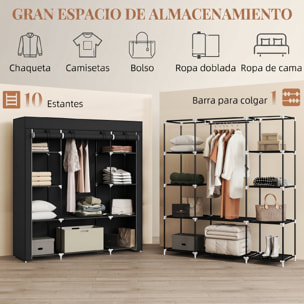 HOMCOM Armario de Tela, Armario Ropero con Barra para Colgar, 10 Estantes Abiertos, Cremallera, Cubierta y Marco Acero, Fácil Montaje para Dormitorio, Espacio Pequeño, Vestidor, 150x43x162,5 cm, Negro