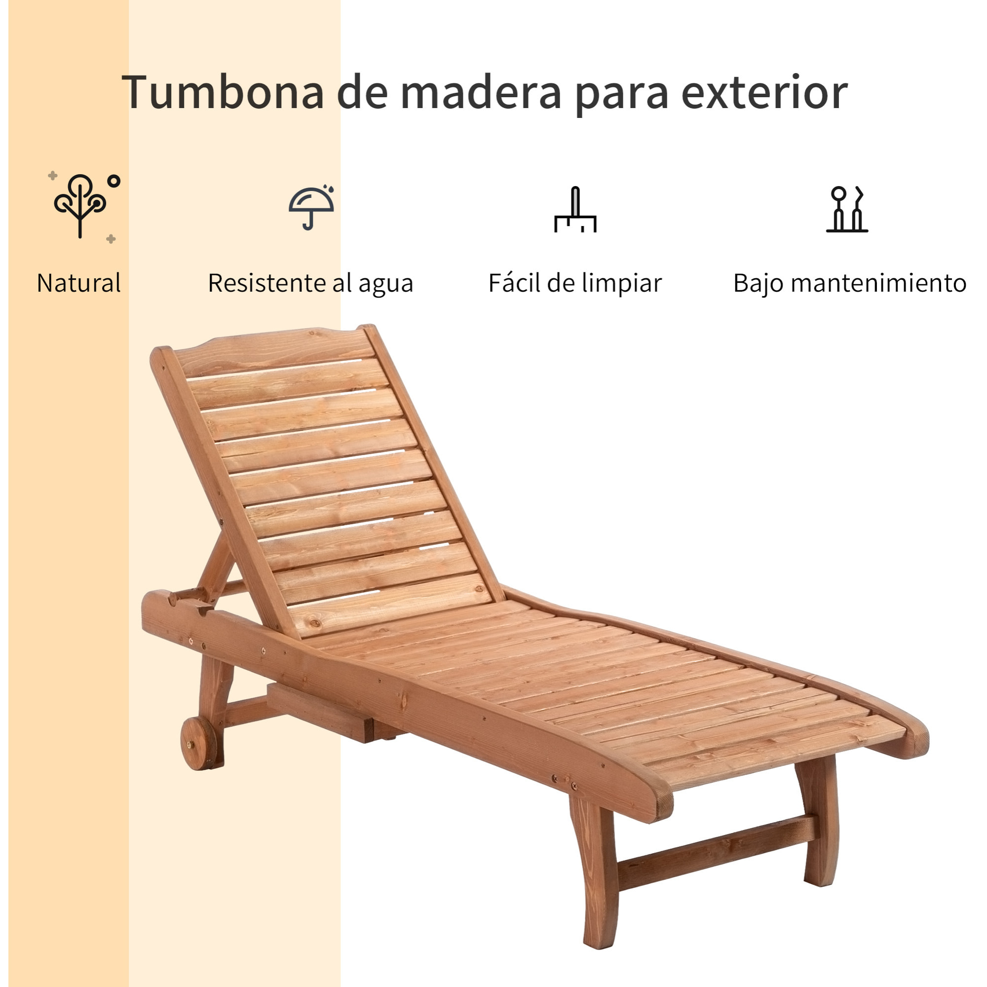 Tumbona de Madera Exterior Silla Reclinable de Jardín con 2 Ruedas Respaldo Ajustable en 3 Niveles y 1 Bandeja Carga 130 kg para Terraza Patio Natural