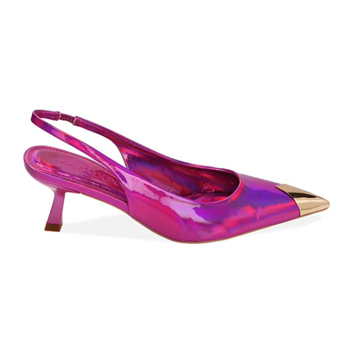 Zapato de tacón destalonado espejo fucsia, tacón 6 cm