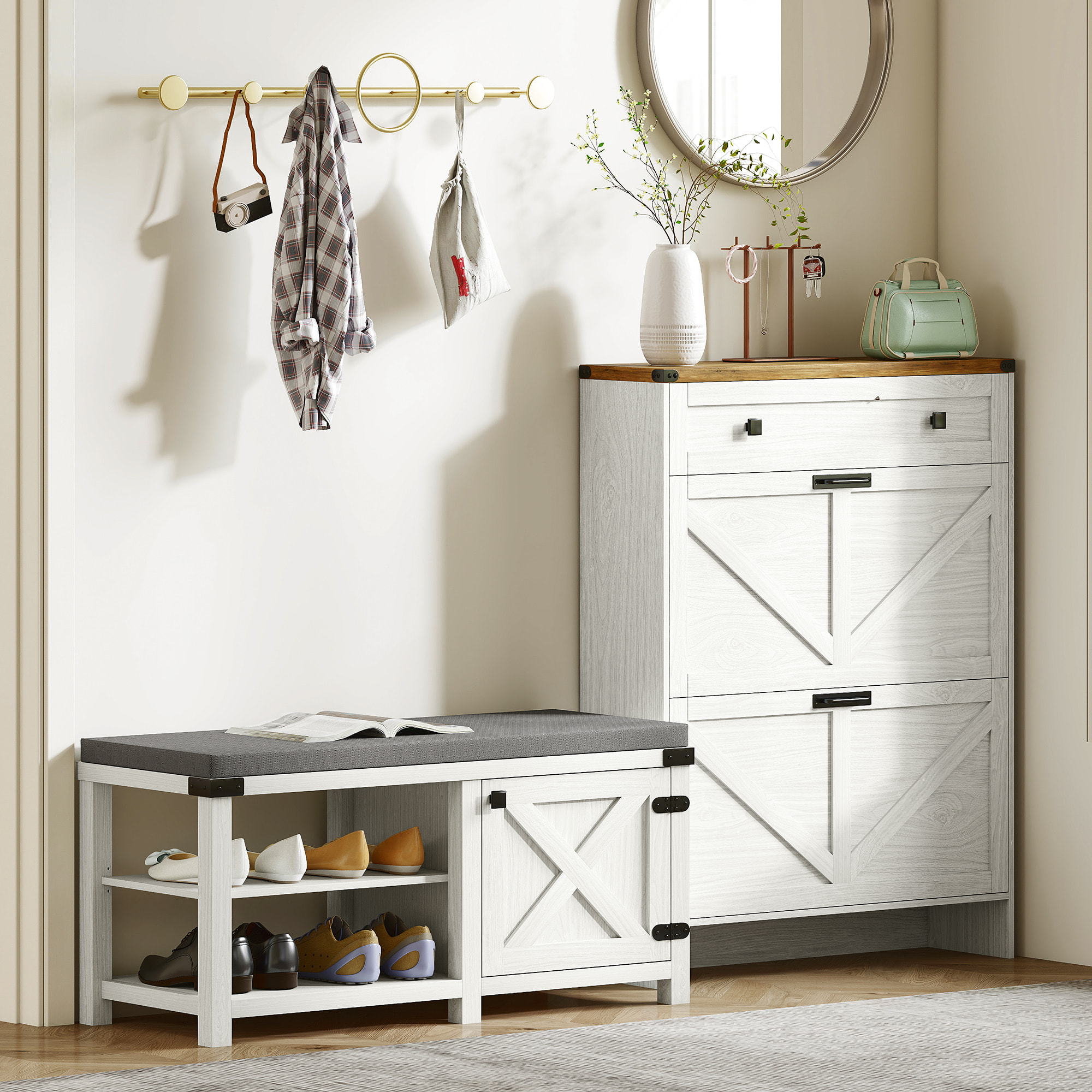 Banco Zapatero Rústico Zapatero con Asiento Organizador de Zapatos con Compartimentos Cojín para 7 Pares de Zapatos para Entrada Salón Dormitorio 100x40x48 cm Blanco y Gris