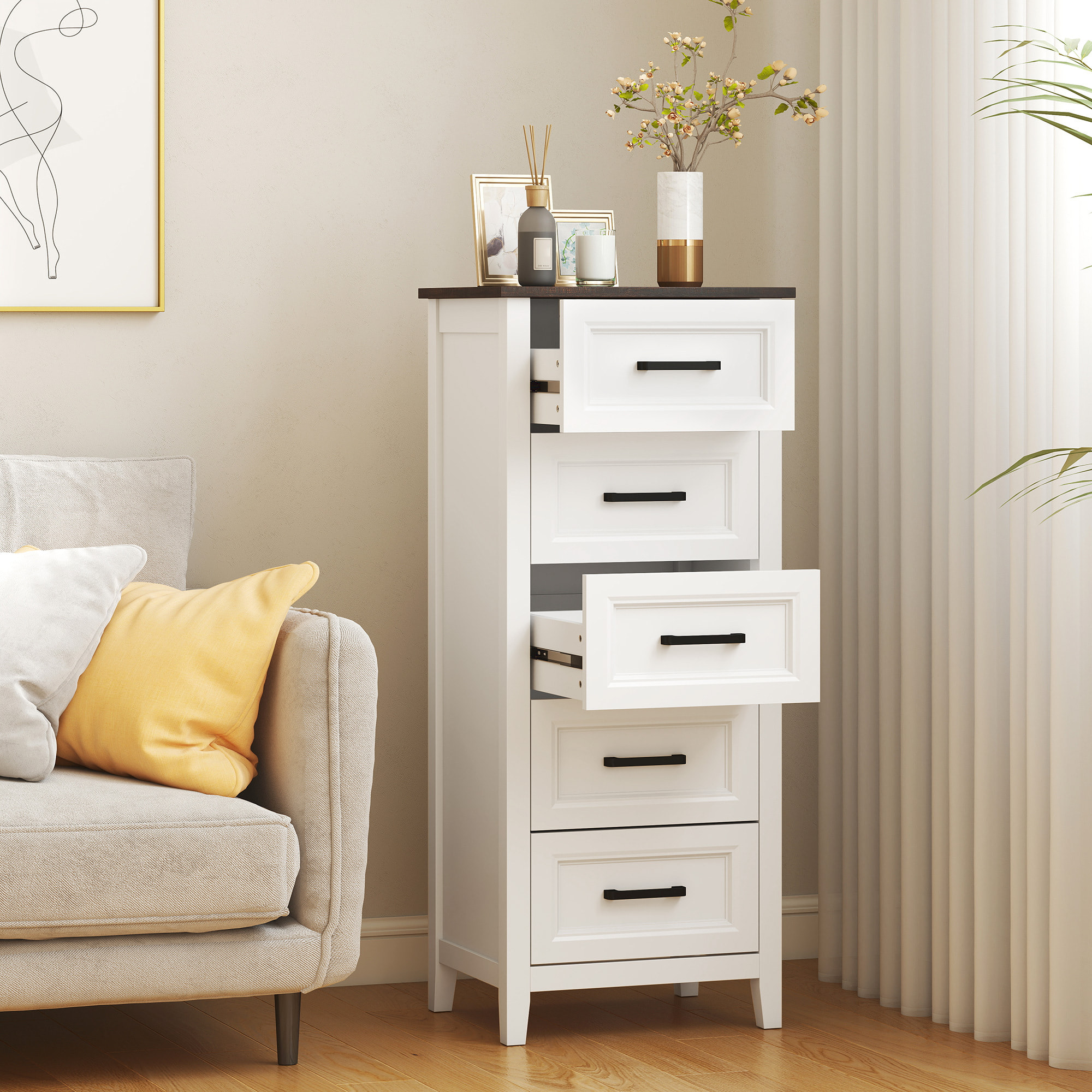 Cómoda 5 Cajones, Cómoda Dormitorio Estrecho y Alto con Encimera Efecto Madera, Cajonera para Espacios Pequeños, Salón, Oficina, 45x35x106 cm, Blanco