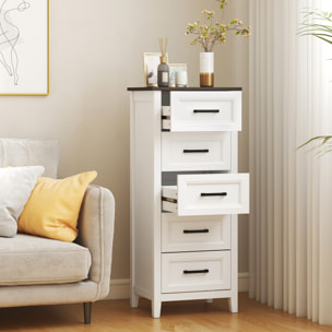 Cómoda 5 Cajones, Cómoda Dormitorio Estrecho y Alto con Encimera Efecto Madera, Cajonera para Espacios Pequeños, Salón, Oficina, 45x35x106 cm, Blanco