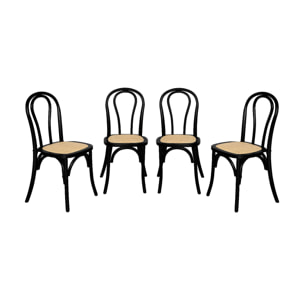 Lot de 4 chaises vintage en bois avec assise en rotin et dossier arrondi. coloris noir. L 48 x P 49.5 x H 90cm