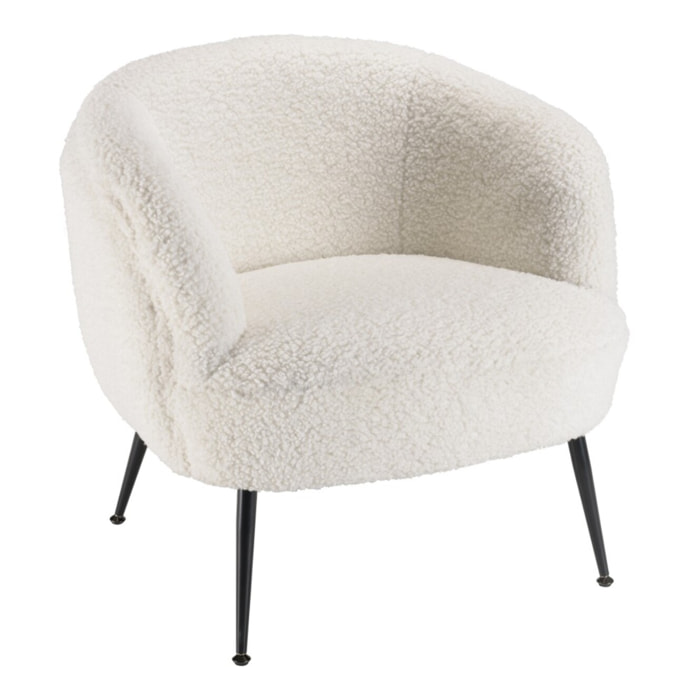 AGATHE - Fauteuil cosy tissu bouclette blanc pieds métal noir