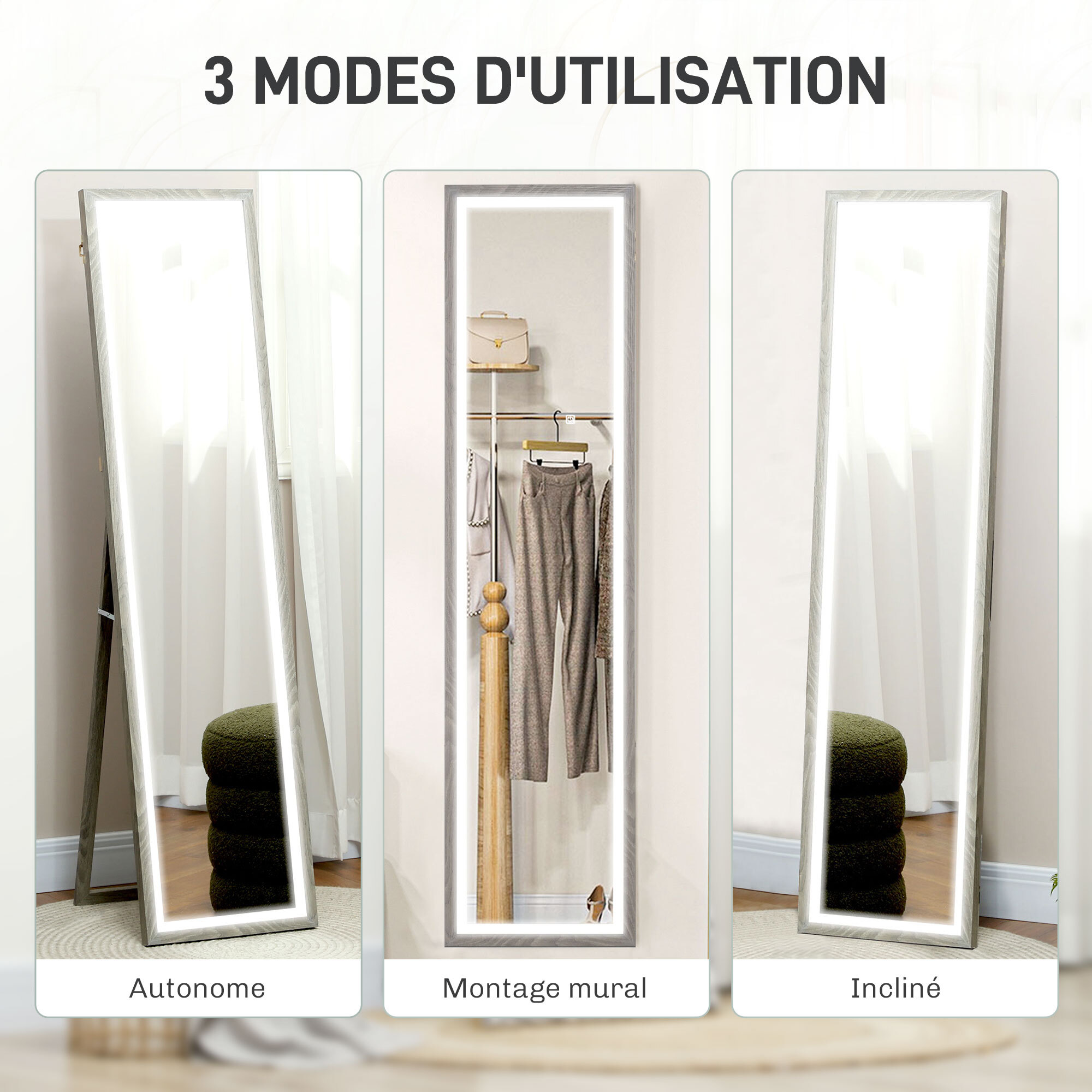 Grand miroir LED pleine longueur 40 x 160 cm autoportant ou à fixer - 3 couleurs luminosité réglable - effet bois gris
