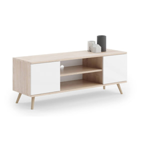 Mobile porta tv con 2 ante e 1 ripiano centrale, Credenza con piedini, Buffet da soggiorno in stile scandi, cm 155x40h50, colore Bianco e Rovere