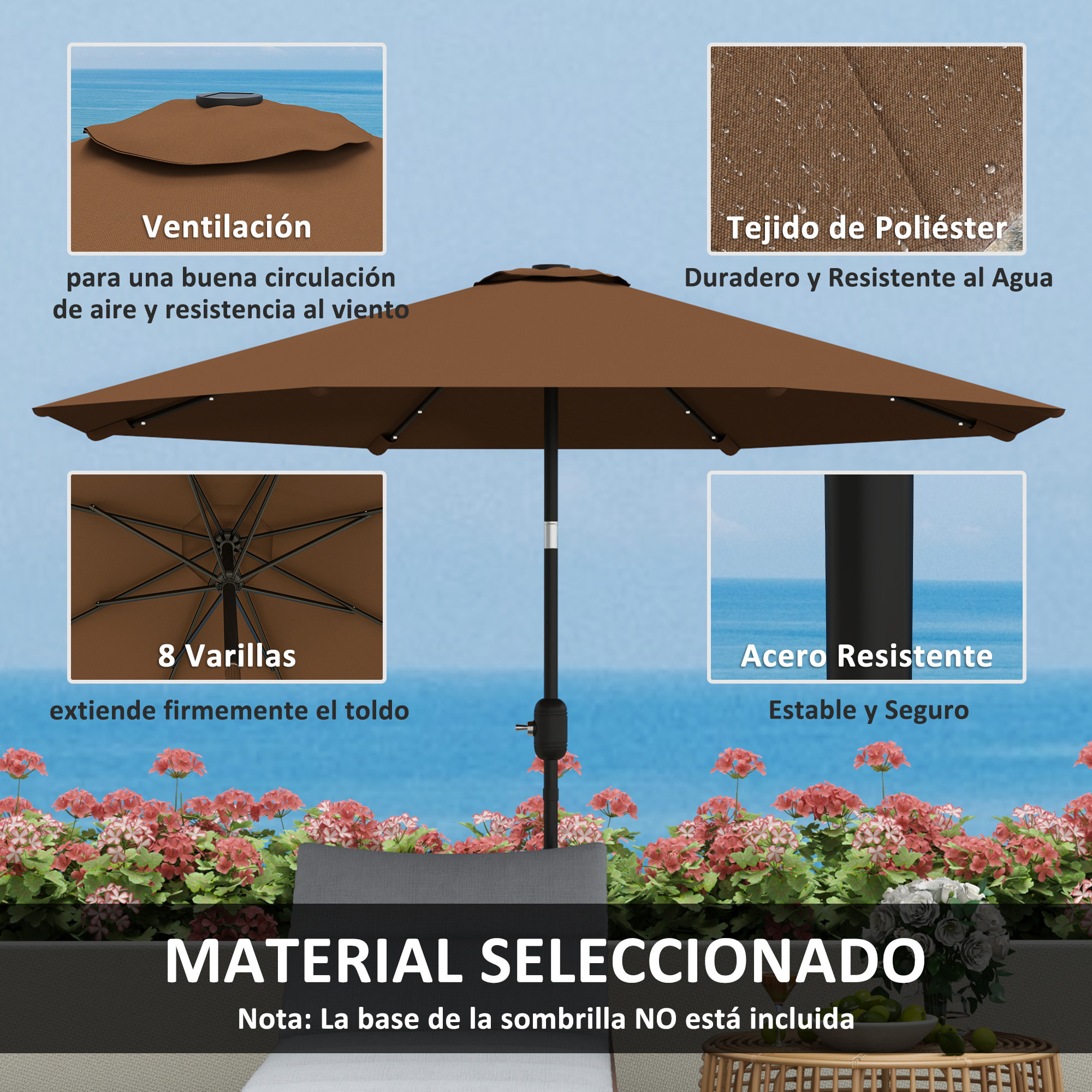 Sombrilla Terraza Exterior Ø265 cm Sombrilla de Jardín con 32 Luces LED Solares Poste de Acero y Manivela Parasol Inclinable para Patio Terraza Marrón