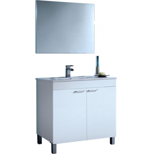 Mobile sottolavabo Augusta, Mobiletto per bagno a 2 ante, Armadietto da terra con specchio, cm 80x45h80, Bianco