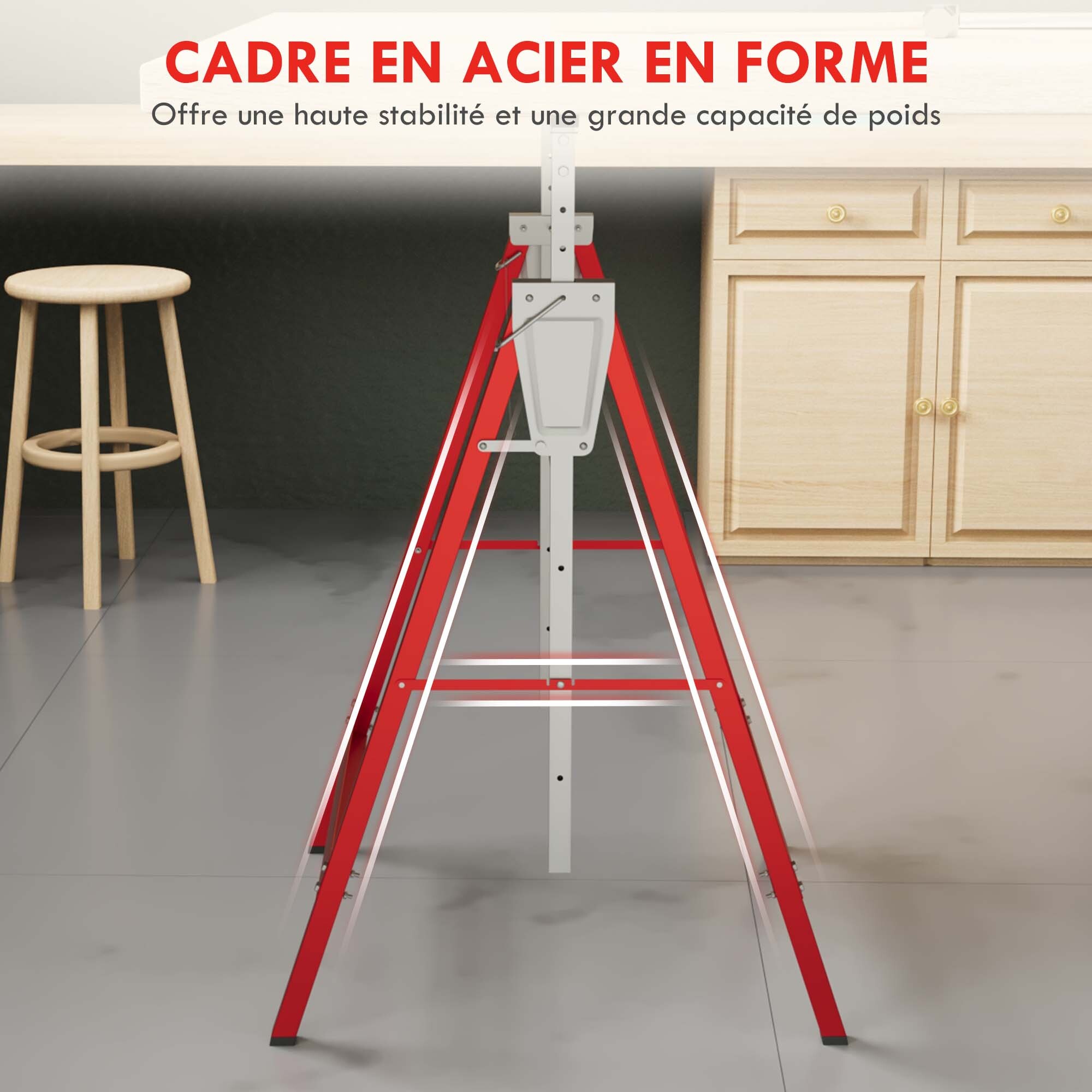 Lot de 2 tréteaux pliables télescopiques hauteur réglable 80-130 cm rouge