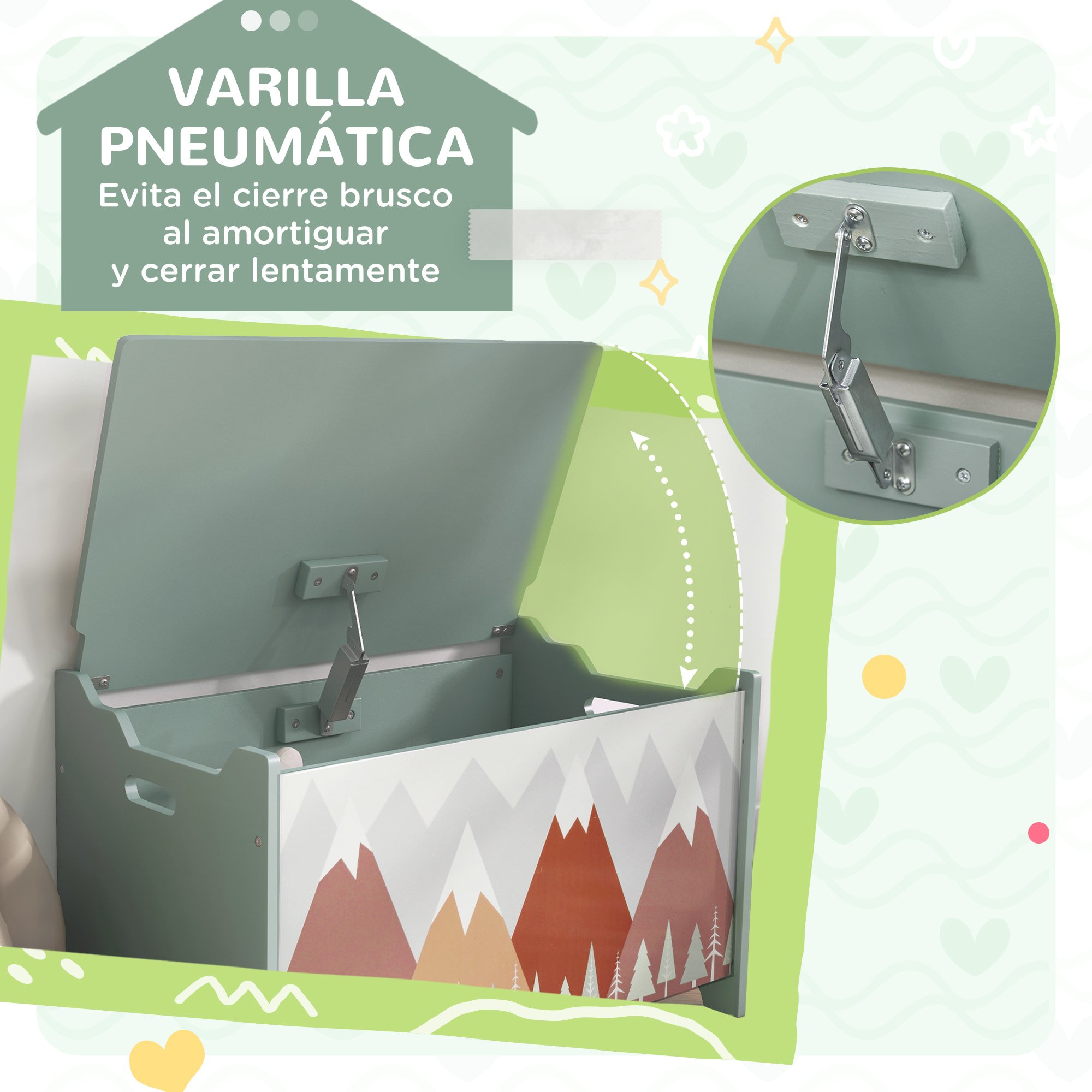 Conjunto para Niños Incluye 1 Cama Infantil de Madera Carga Máx. 40 kg 143x77x60 cm y 1 Baúl de Almacenamiento 60x37x39 cm con Estampados Verde