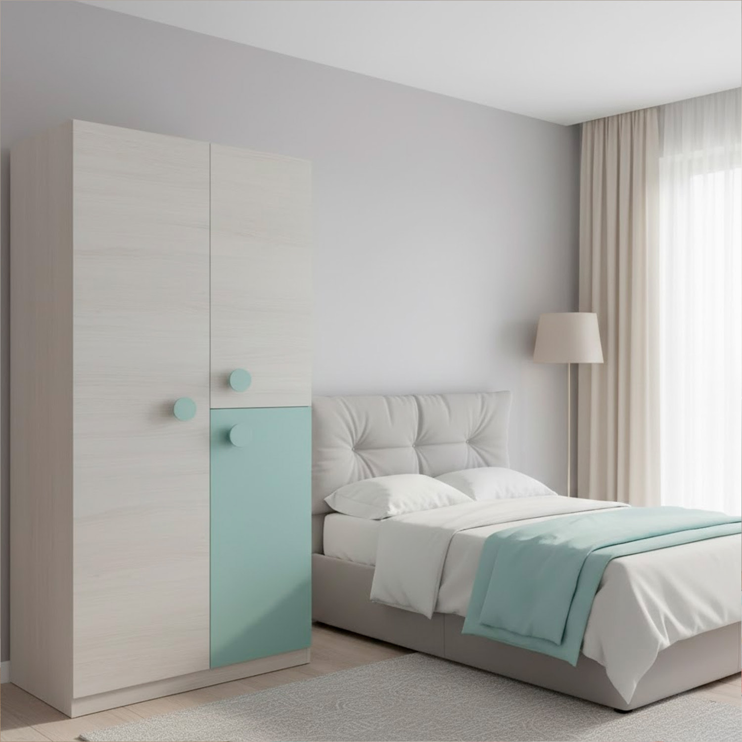 Armadio Armadietto Per Cameretta E Camera Da Letto Mobile Mobiletto Guardaroba Compatto Barra Appendiabiti 200 x 90 x 52 Cm Bianco Alpi e Verde Acqua