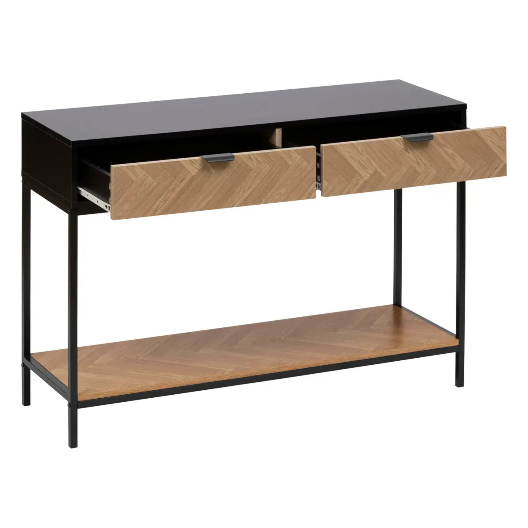 Console "Chevrons" 2 tiroirs effet pin naturel et noir 110x75cm