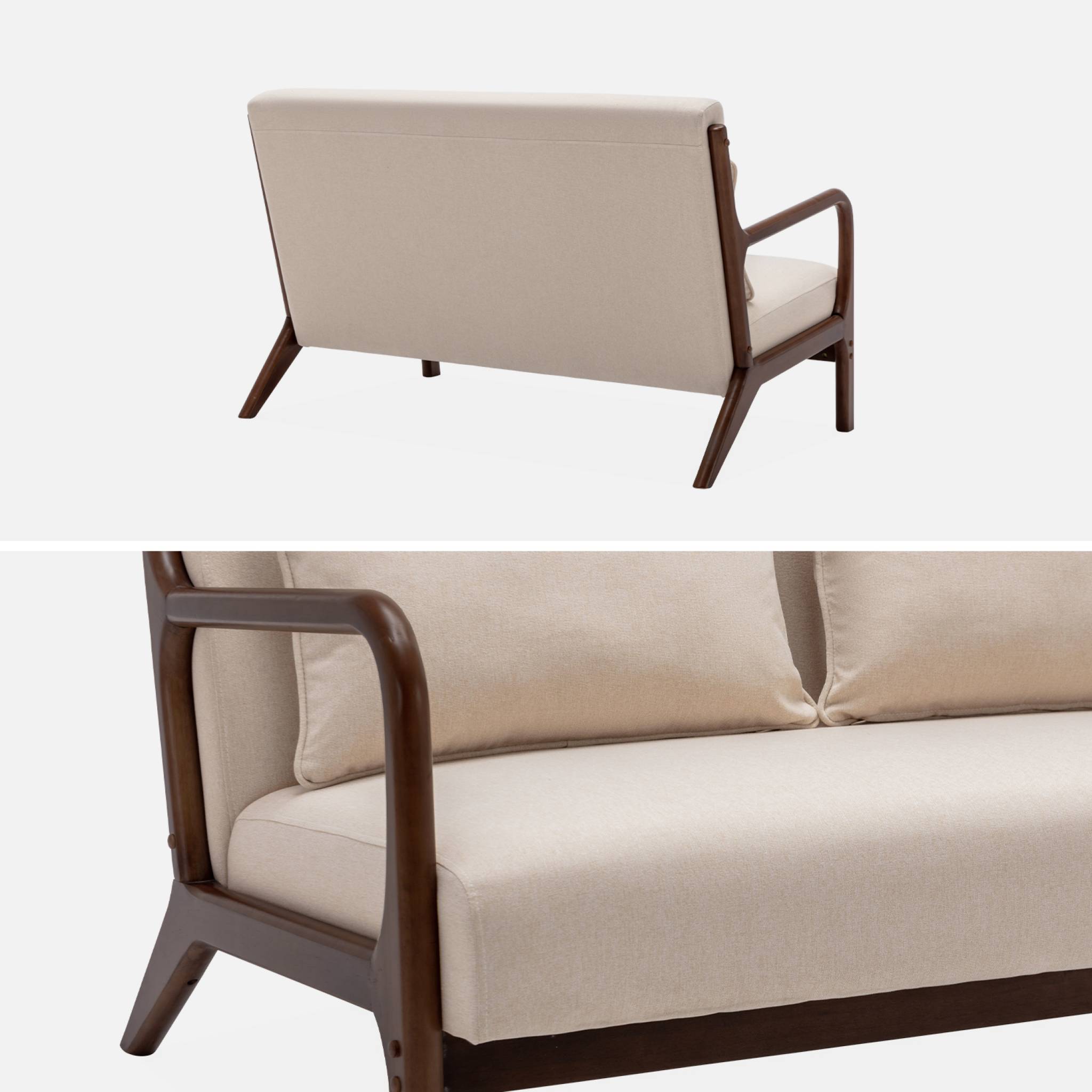 Banquette 2 places tissu beige. pieds bois d'hévéa teinté noyer clair. droit fixe. pieds compas scandinave