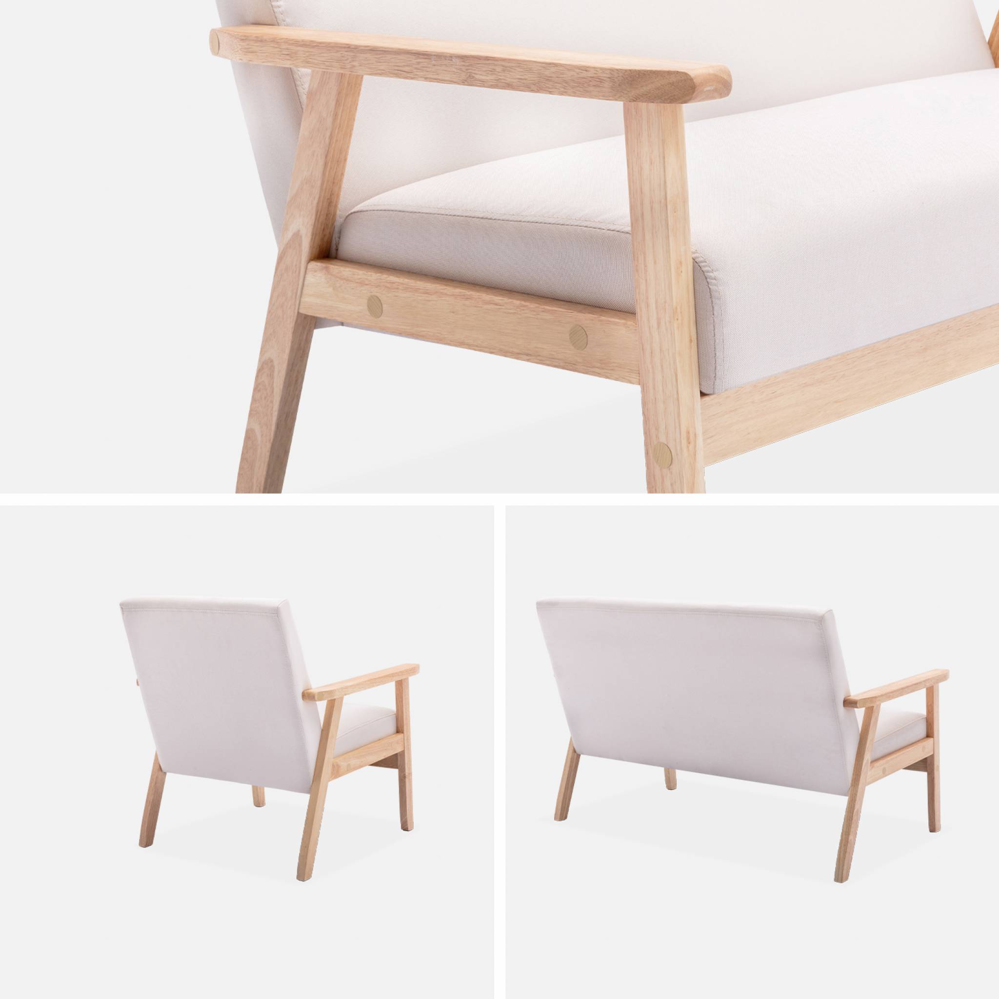 Banquette et fauteuil en bois et tissu crème. Isak. L 114 x l 69.5 x H 73cm