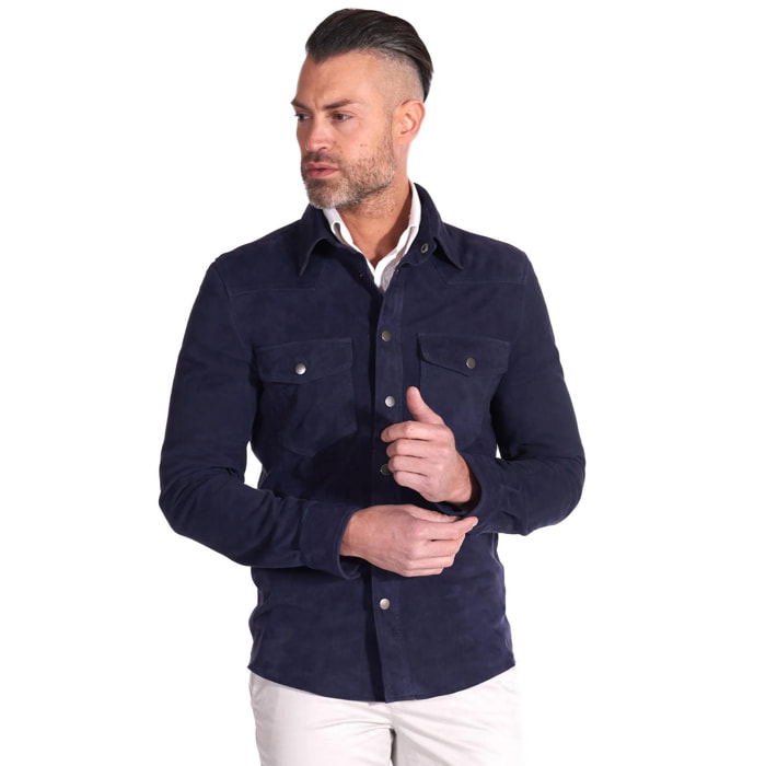 Camicia sfoderata camoscio blu con bottoni a pressione