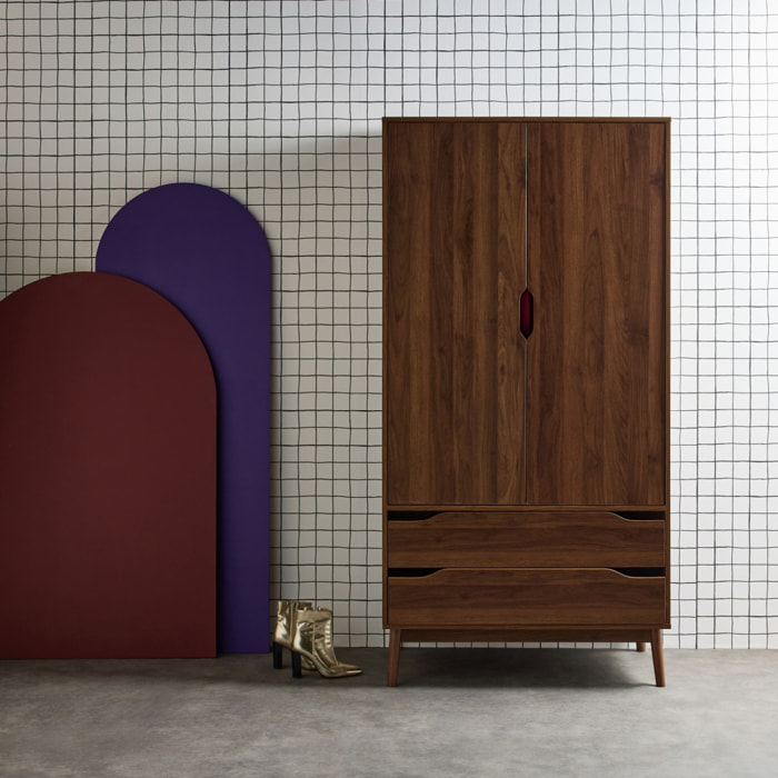 Armoire dressing vintage décor bois 2 portes, 1 penderie et 2 tiroirs NEPAL