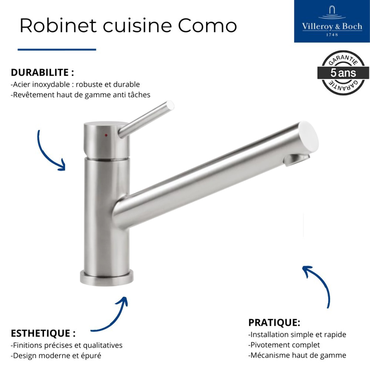 Robinet cuisine Como Acier massif