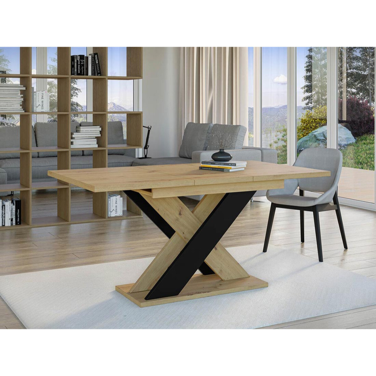 Tosca - table à manger extensible - aspect chêne clair et noir - 4 à 6 personnes - Bois / Noir