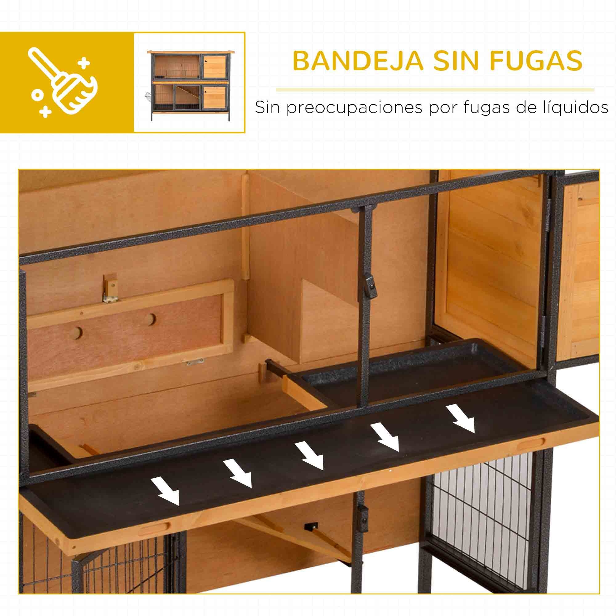 Conejera de Madera de 2 Niveles Jaula para Conejos con Techo Asfáltico Abatible Puertas con Pestillo Bandejas Extraíbles y Rampa Conejera para Exterior 122x50x101 cm Natural y Negro