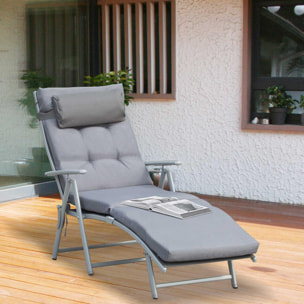 Tumbona Plegable Tumbona de Jardín con Respaldo Ajustable en 7 Posiciones con Cojín Cuerpo Entero y Cabeza para Terraza Piscina Carga 165 kg 137x63,5x100,5 cm Gris