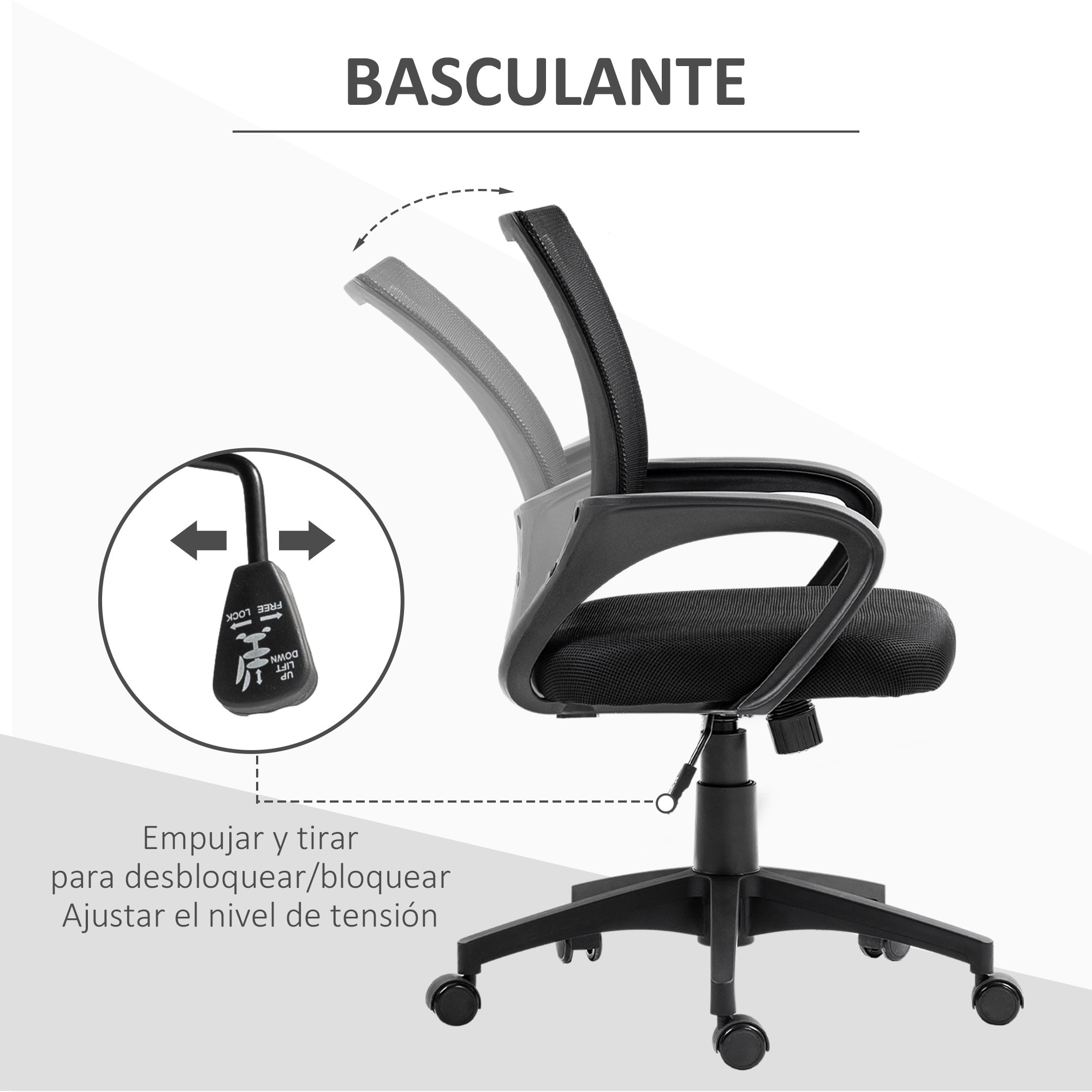 Silla de Oficina de Malla Silla de Escritorio Giratoria con Altura Ajustable Función de Basculante Soporte Lumbar y Reposabrazos Silla para Estudio Carga 120 kg Negro