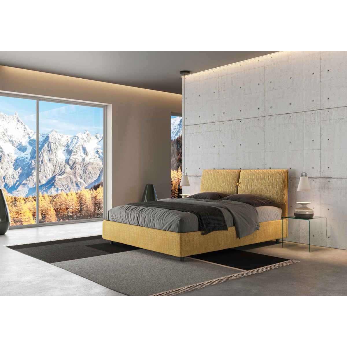 Letto matrimoniale senza rete imbottito 160x210 tessuto Aragona 3 giallo Mados