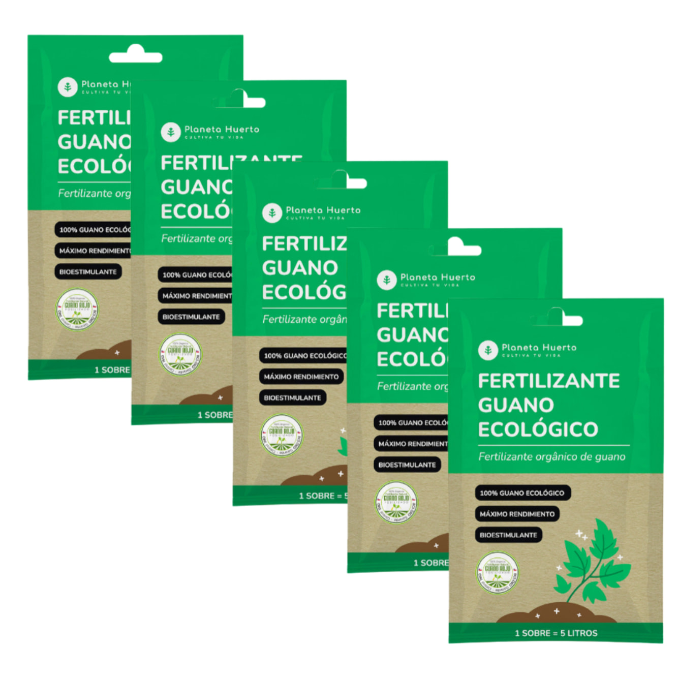 PLANETA HUERTO | Fertilizante Guano Ecológico Soluble 5 sobres para 25L – Fertilizante Guano Abono natural NPK para plantas de interior y exterior con acción sobre el suelo