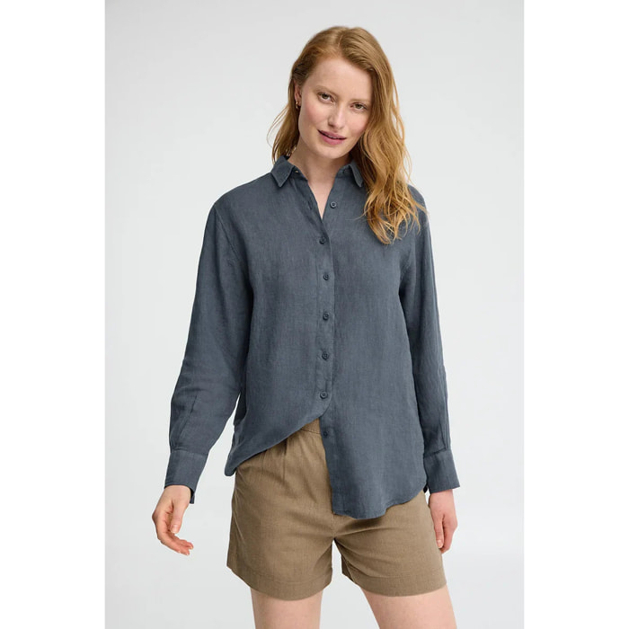 Camicia blu denim in lino relaxed fit con ricamo Polo Club