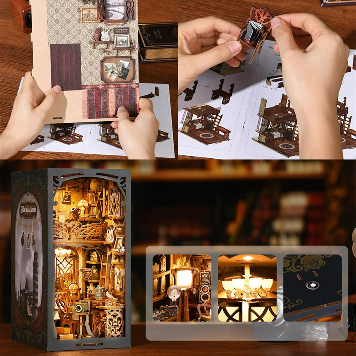 Cuarto de Revelado. Book Nook de madera, diseño 3D realista con gran detalle, cubierta y luces led. 405 piezas.