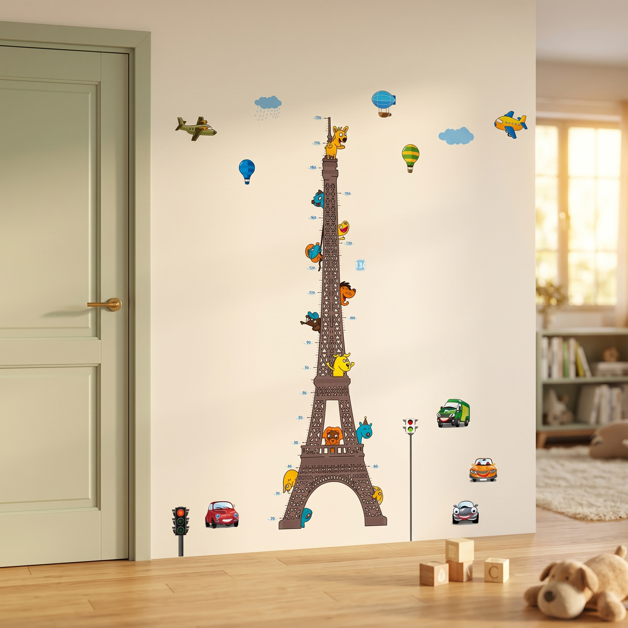Stickers Muraux décoration adhésifs toise Tour Eiffel pour enfants avec animaux et avions