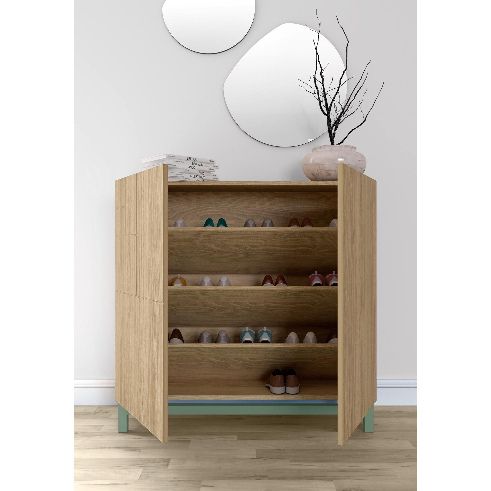 Zapatero Copenhague melamina roble dorado patas verde 90x90x27 cm