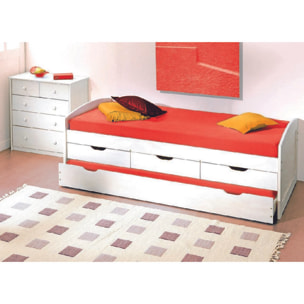 Letto con cassetti contenitore e secondo letto inferiore a estrazione in pino massello verniciato ad acqua bianco, 98 x 205 x 63 cm