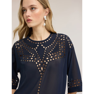 Motivi - Blusa in georgette con ricami ajouré - Blu