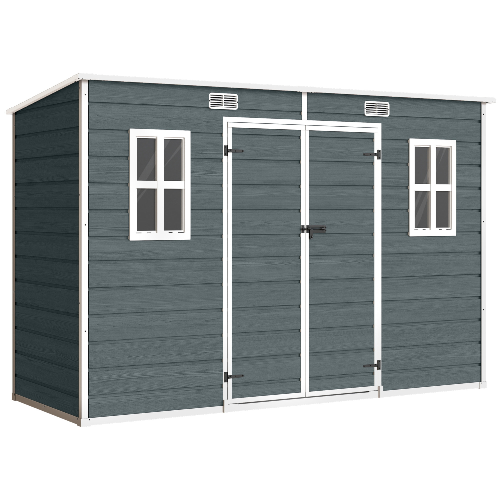 Abri de jardin 3,2 m² portes verrouillables plancher fenêtres aérations résine PP effet bois gris blanc