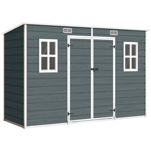 Abri de jardin 3,2 m² portes verrouillables plancher fenêtres aérations résine PP effet bois gris blanc