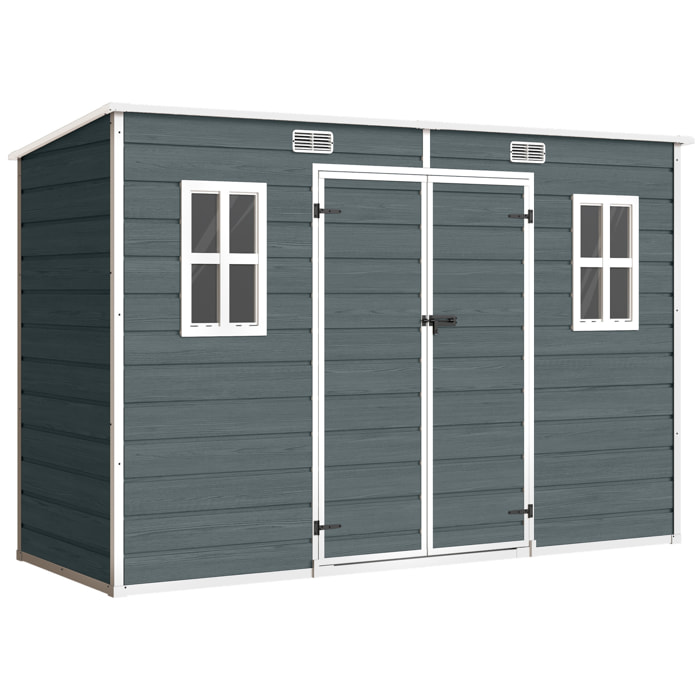 Abri de jardin 3,2 m² portes verrouillables plancher fenêtres aérations résine PP effet bois gris blanc