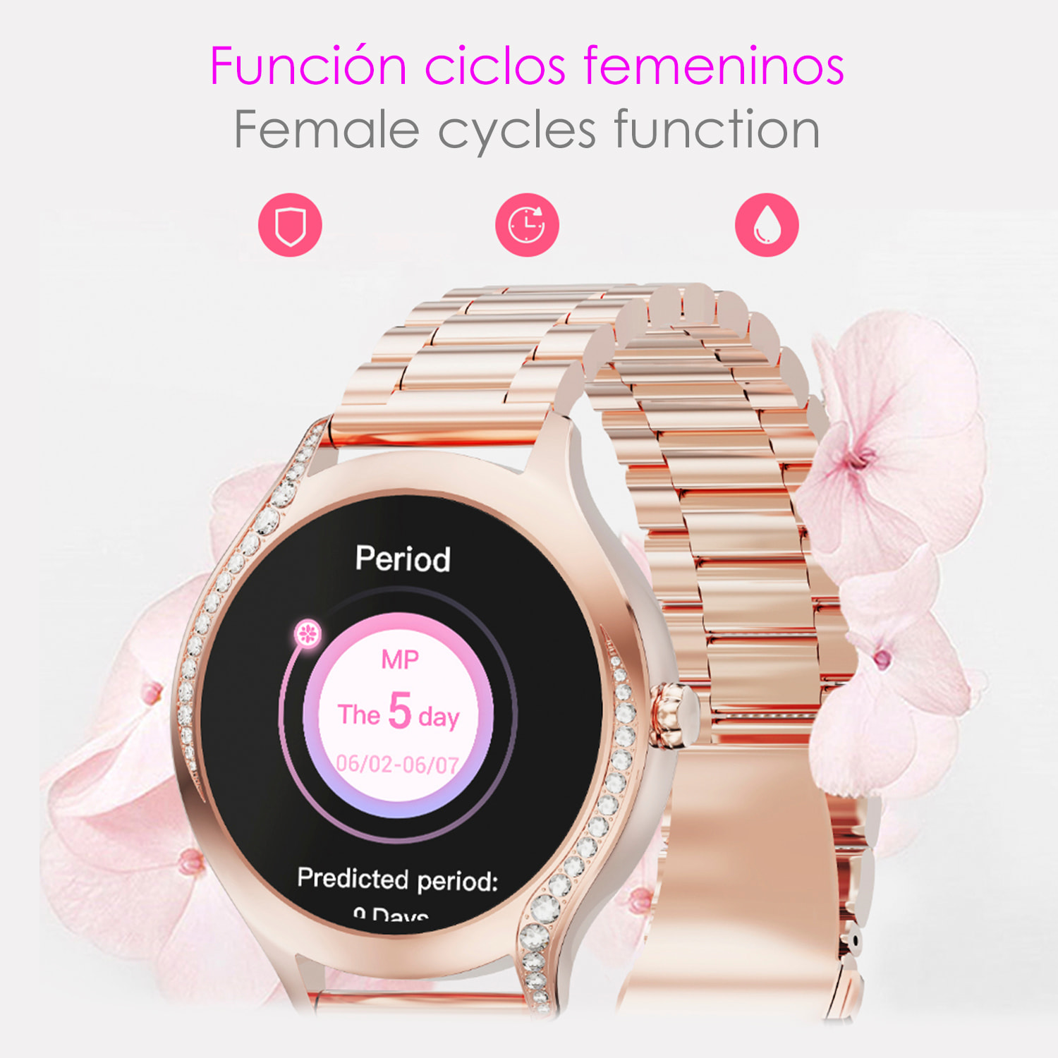 DAM Smartwatch T214 compacto y elegante. Llamadas BT, notificaciones push. Monitor de salud, ciclos femeninos. Modos deportivos. 4,1x1,1x4 Cm. Color: Plata