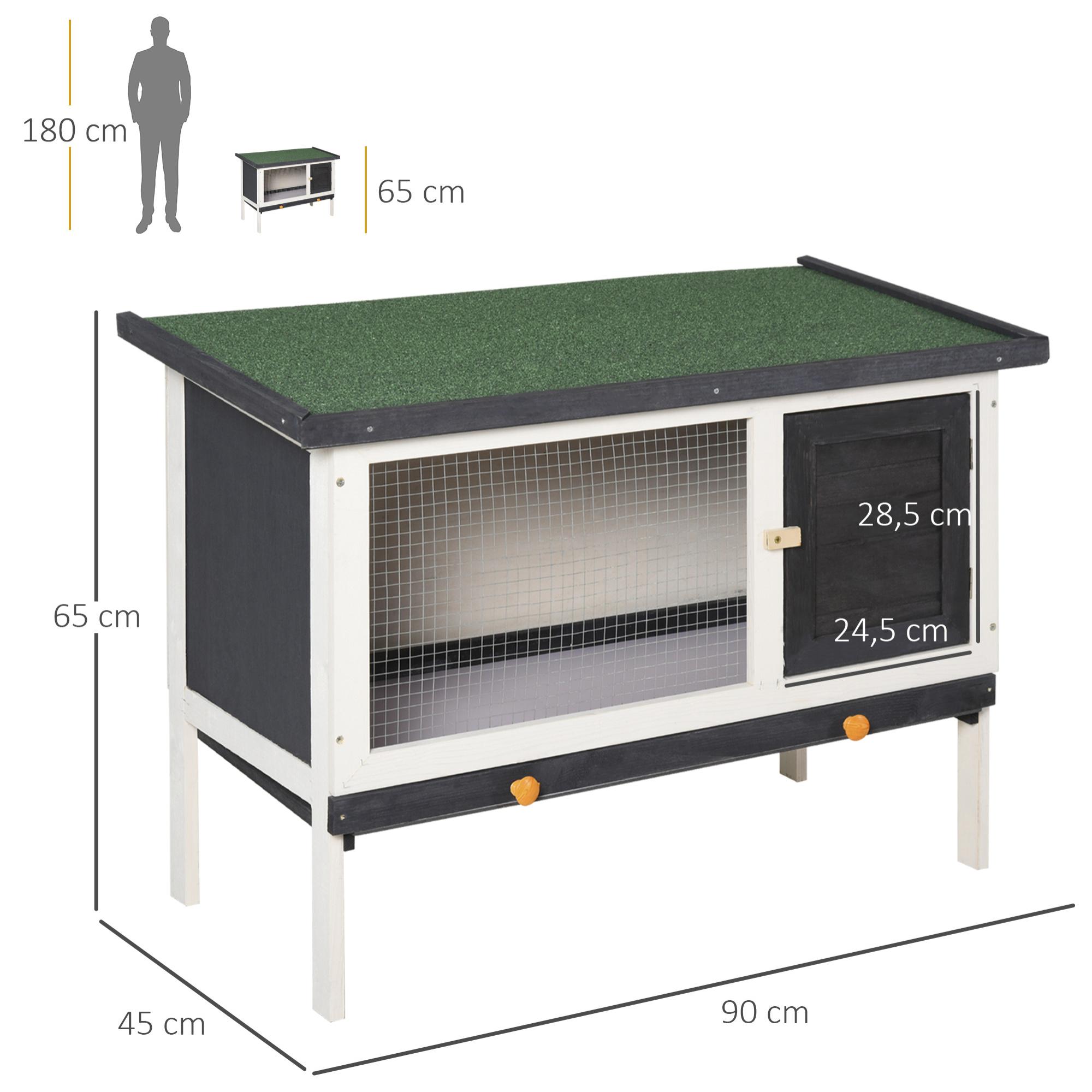 Conejera de Madera Exterior Jaula Elevada para Conejos Cobayas Animales Pequeños con Techo Asfáltico Abatible Bandejas Extraíbles y Puerta con Pestillo 90x45x65 cm Negro