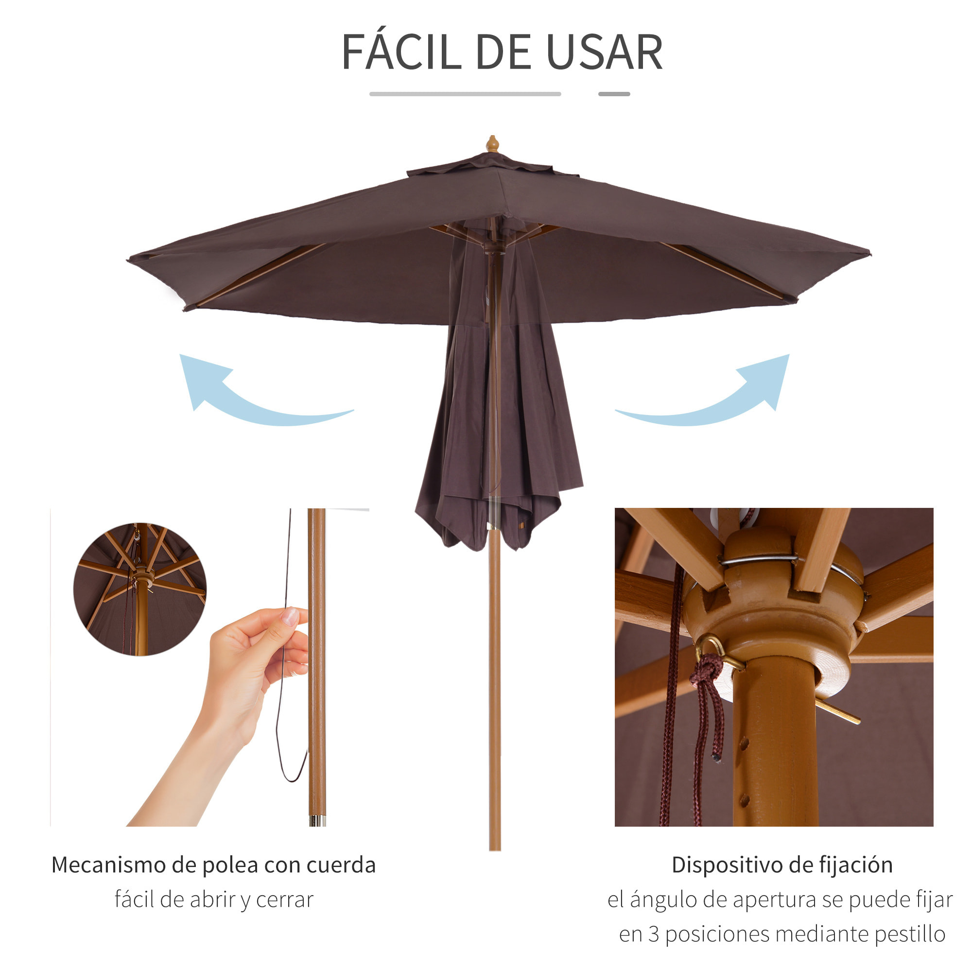 Sombrilla Tejido de Poliester y Madera Ø2,5x2,25m Café