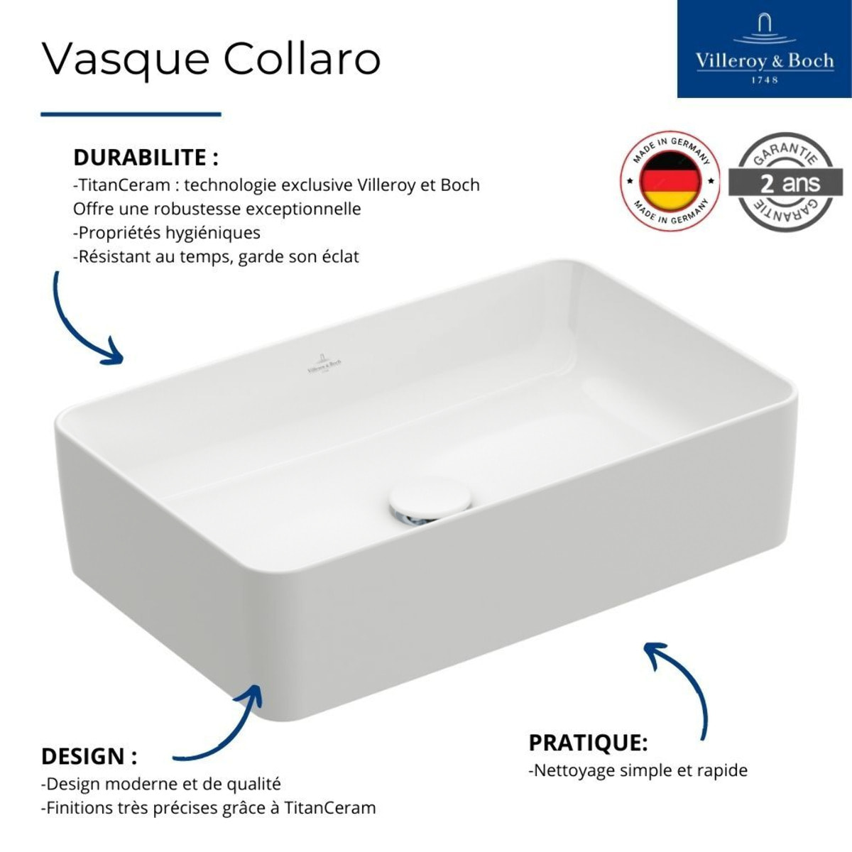 Vasque a poser rectangle Collaro Stone White CeramicPlus